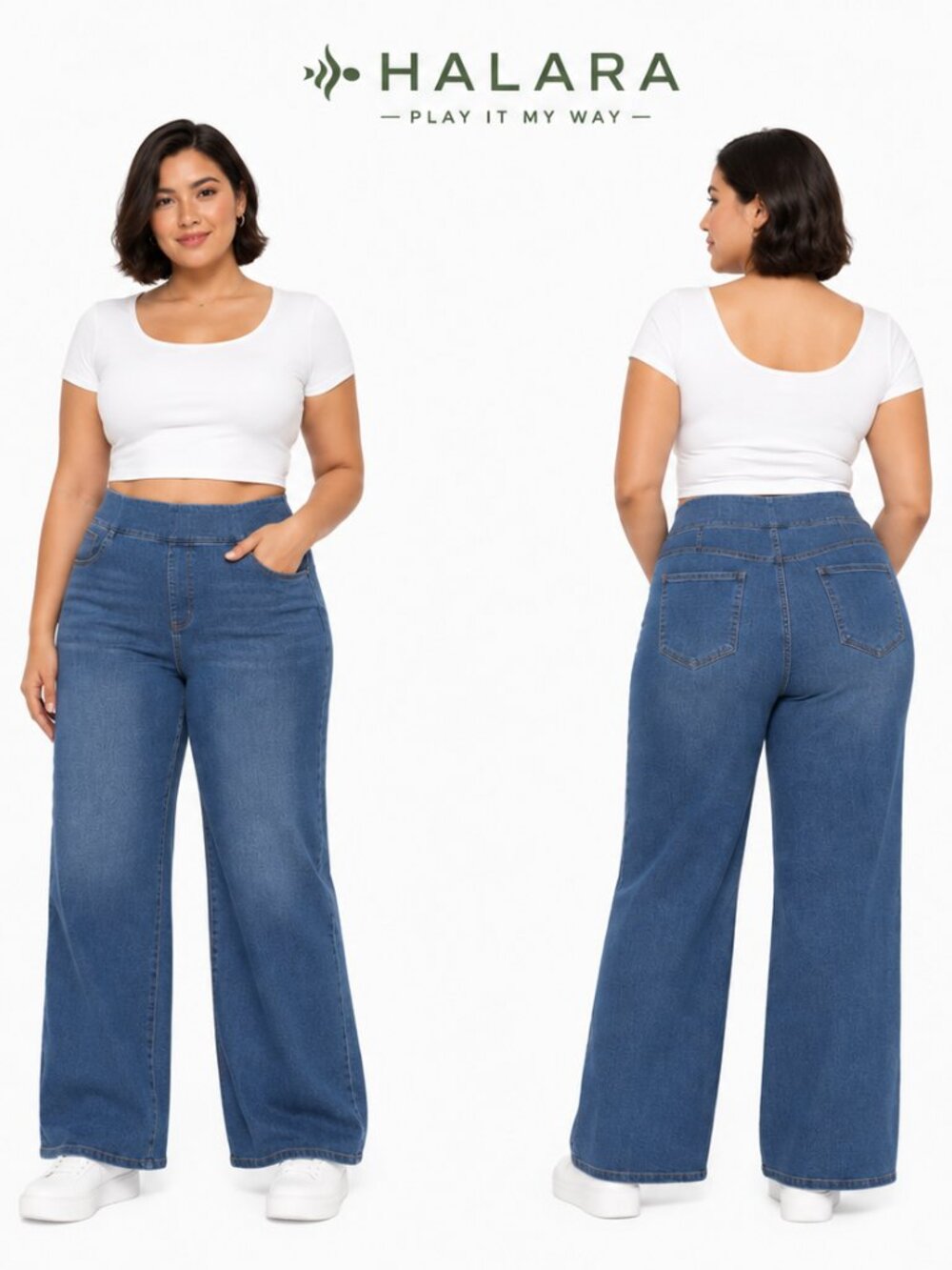 Halara Womens Wide Leg Pull On Denim Pants Blue Medium Wash Size L Regular